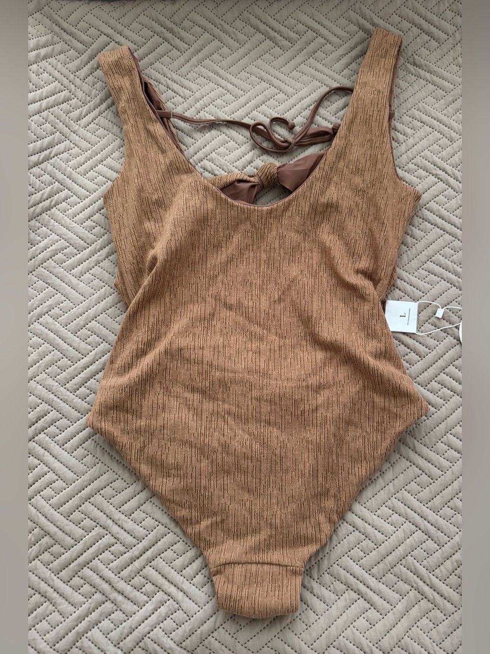 Ribbed Tan One-Piece Swimsuit with Back Tie
